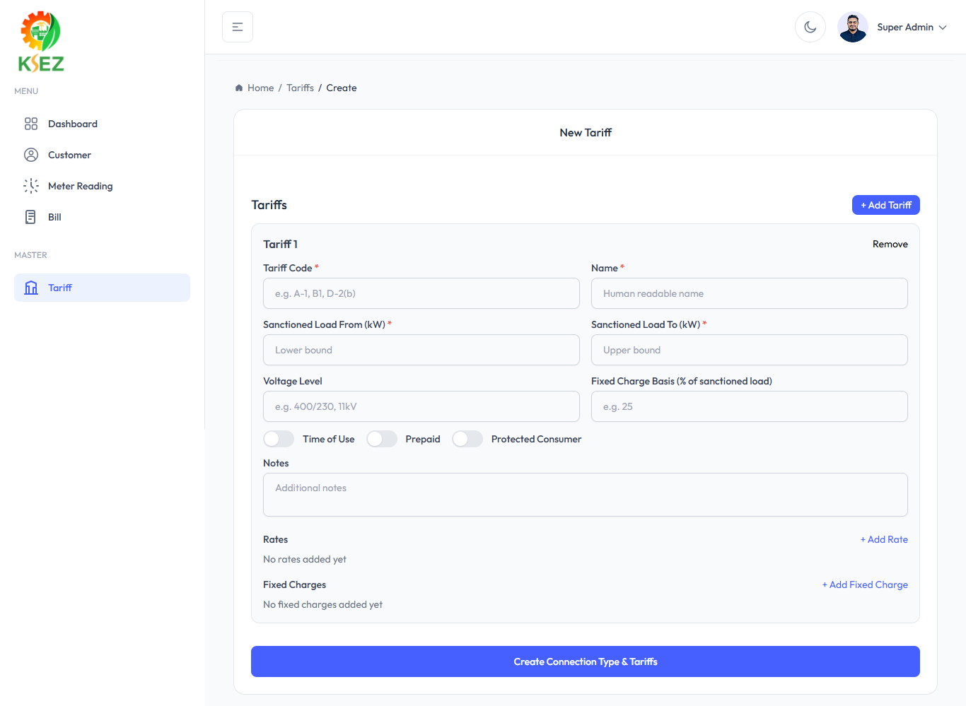 Tariff Master Configuration